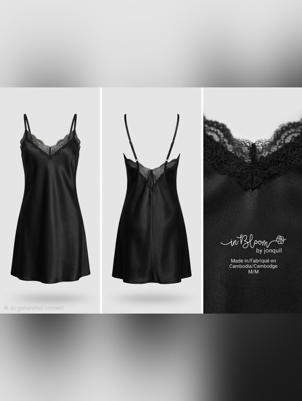 In Bloom by Jonquil Black Satin Lace Chemise Slip Dress Size M | Adjustable Stra - Picture 2 of 6